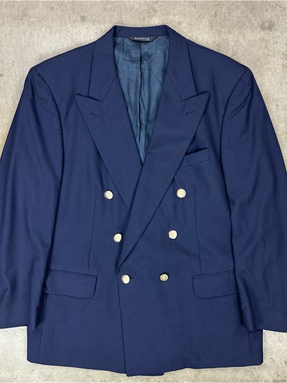 Vintage Burberrys’ Super 100’s Wool Double Breasted Peak Lapel Navy Blue Blazer